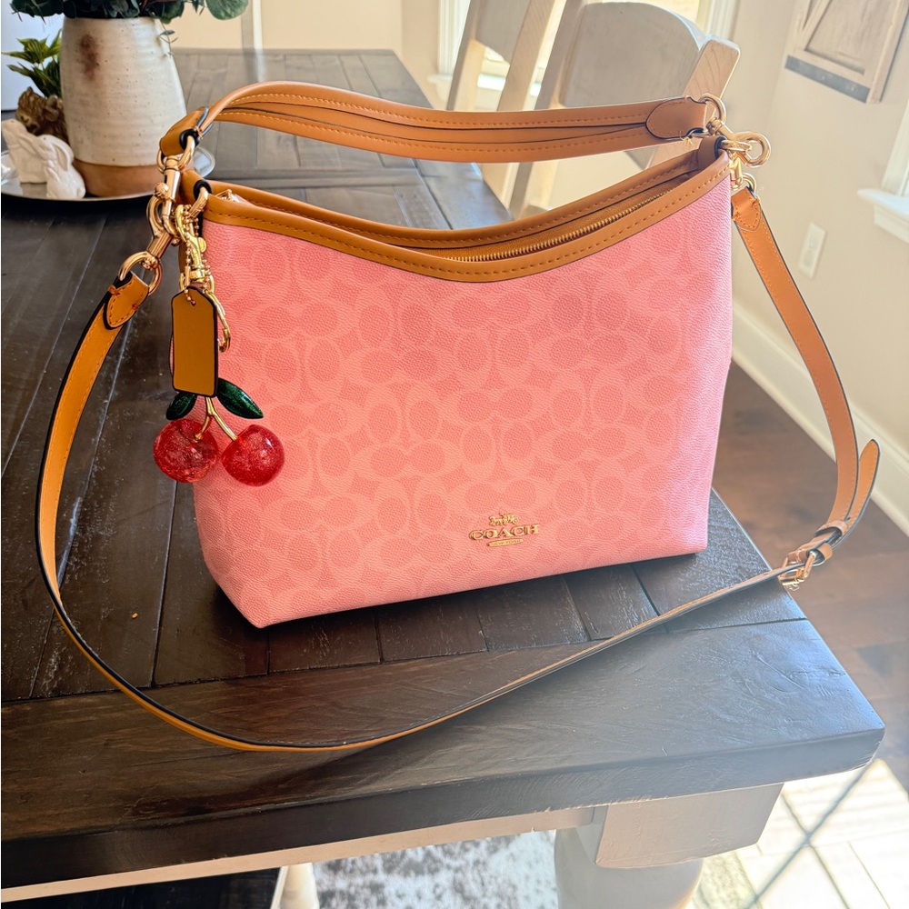 Inspired powder Pink Signature Canvas Hobo Shoulder Bag with Charms